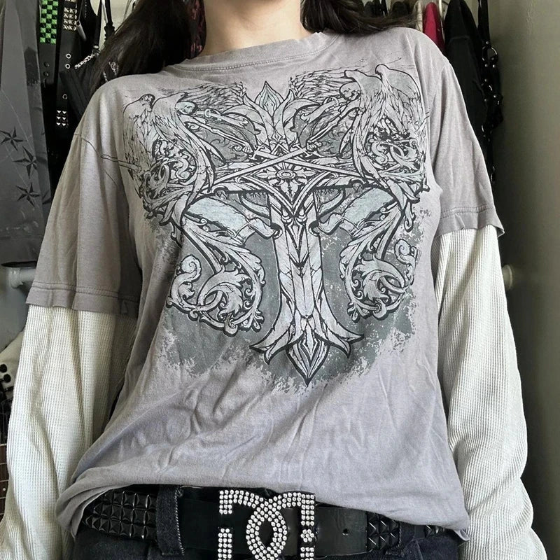 Y2K Grunge Emo Vintage T-Shirt | Gothic Patchwork Long Sleeve E-Girl Cyber Goth Streetwear Top