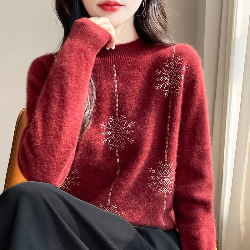 Women Christmas Sweater – Mock Neck Long Sleeve Thick Warm Pullover | Autumn Winter Knitted Loose Jumper Red