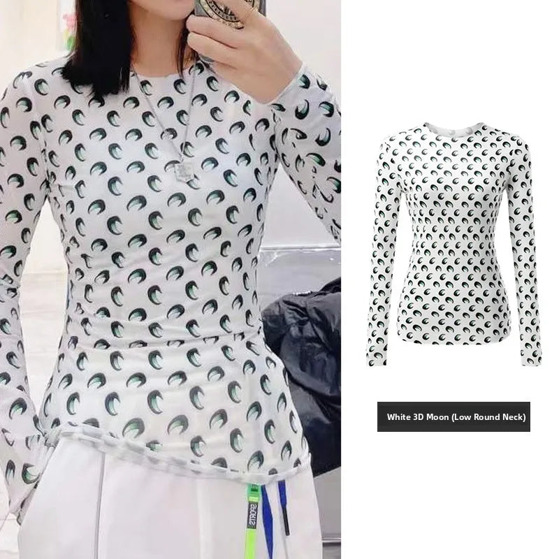 American Retro Women’s Two-Piece Set – Ice Silk Top & Pants with Moon Print Long Sleeve 🌙✨
