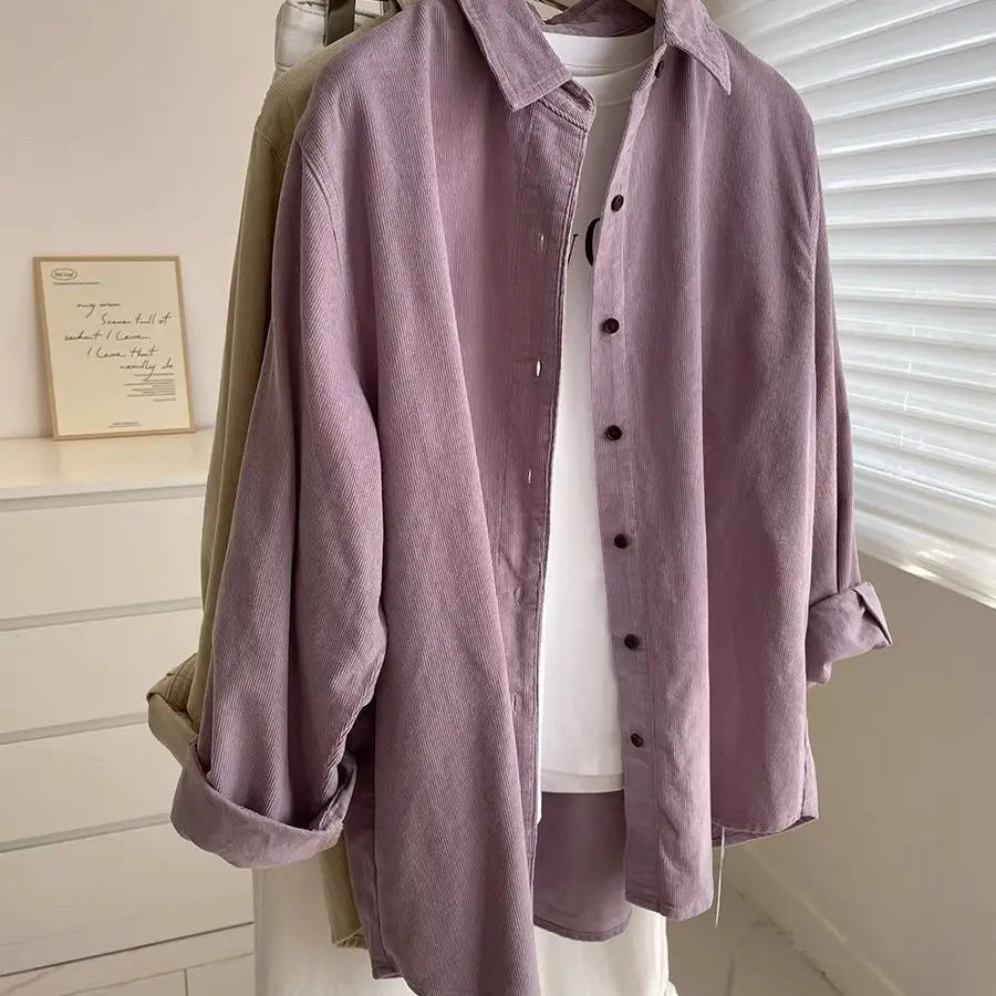 2025 Women’s Corduroy Purple Lotus Shirt | Loose Long Sleeve Casual Outerwear Top for Autumn
