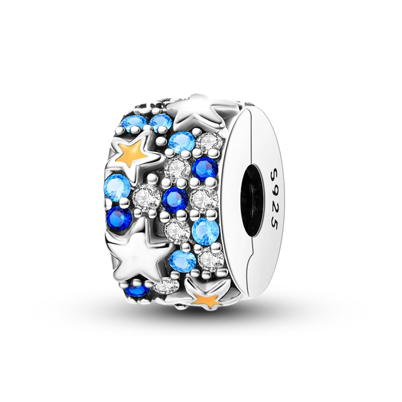 925 Sterling Silver CZ Pave Daisy Clip Charm & Safety Chain – Fits Original Pandora Bracelet, Women’s Silver Stopper Beads Jewelry