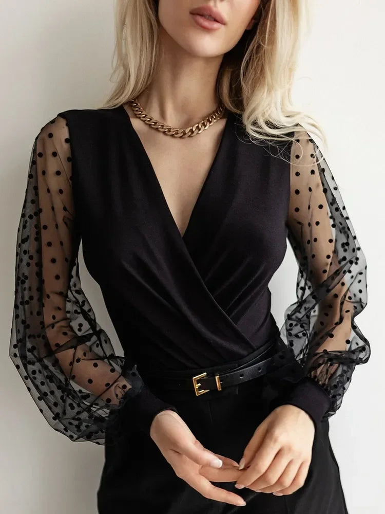 Women’s Spring/Summer Polka Dot Mesh Top – Balloon Sleeve Stretch Fabric Crossover Collar Long Sleeve ✨👚