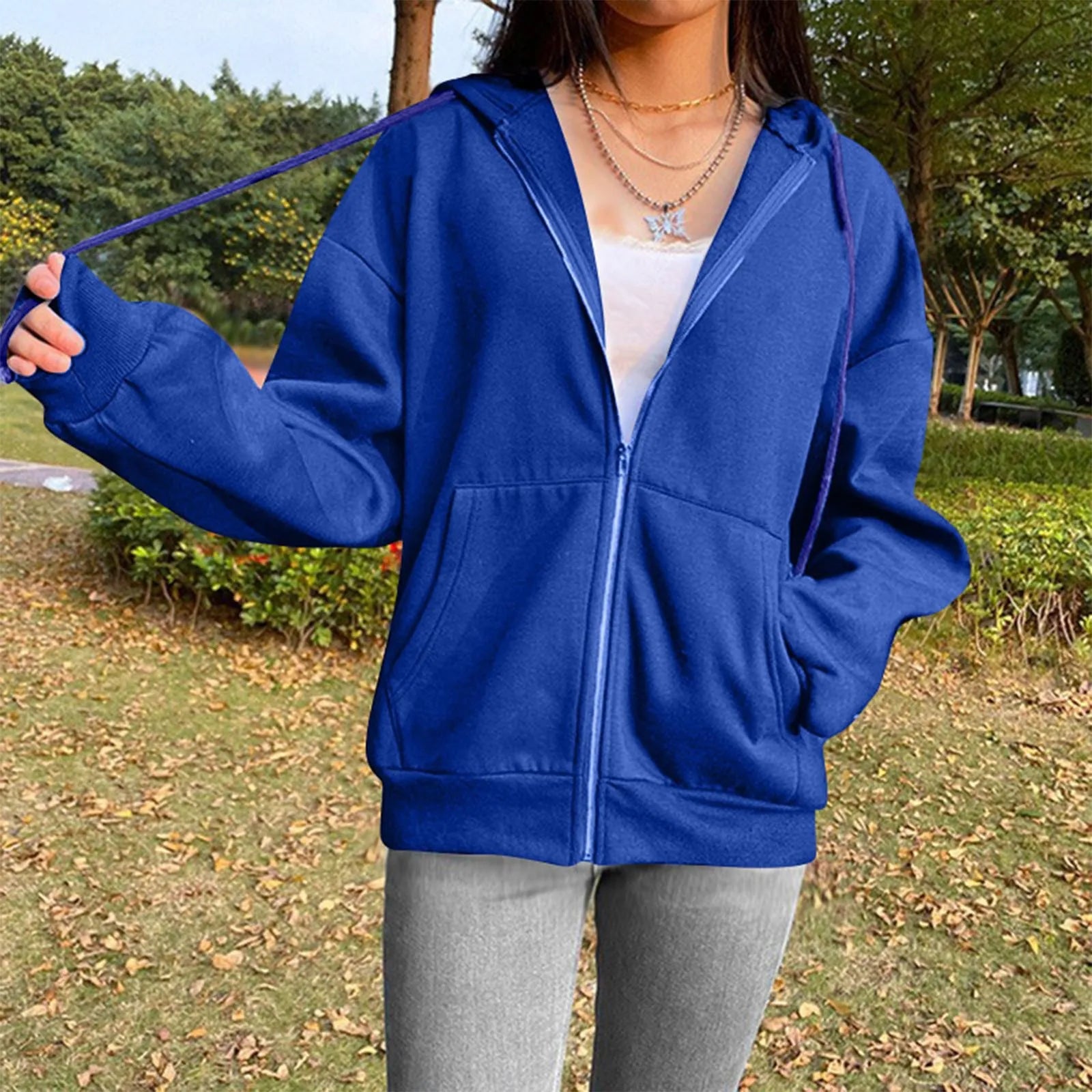 Spring Autumn Women Solid Color Hooded Sweatshirt Coat | Zipper Pocket Hoodie Jacket | Casual Outerwear Femme
