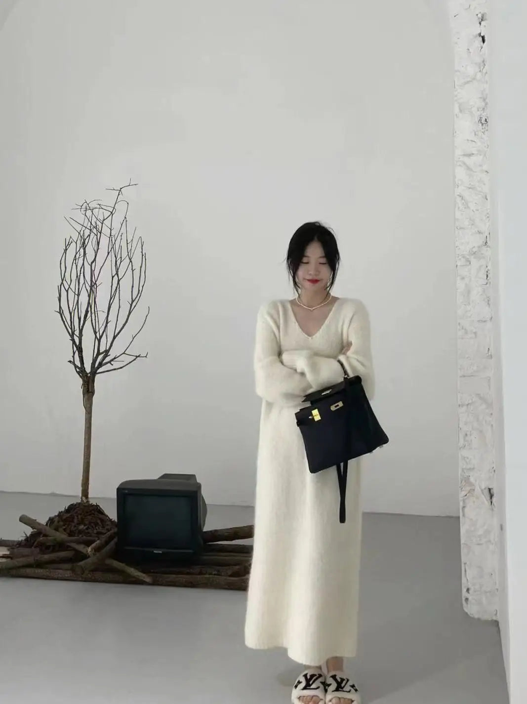 Ladies’ Thick Long Knitted Dress | Korean Style Loose Waist V-Neck H-Line Base Layer Dress | Autumn Winter New Arrival