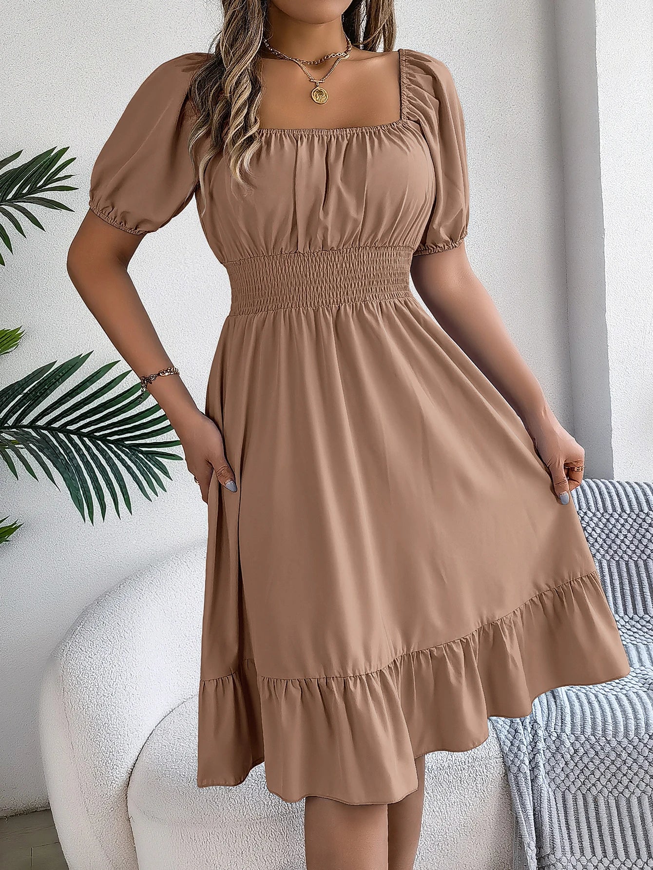 2026 Women’s Elegant High-Waisted Dress – Square Neck, Short Sleeve, Ruffled Edge Long Dress | Spring Summer Valentine’s Day