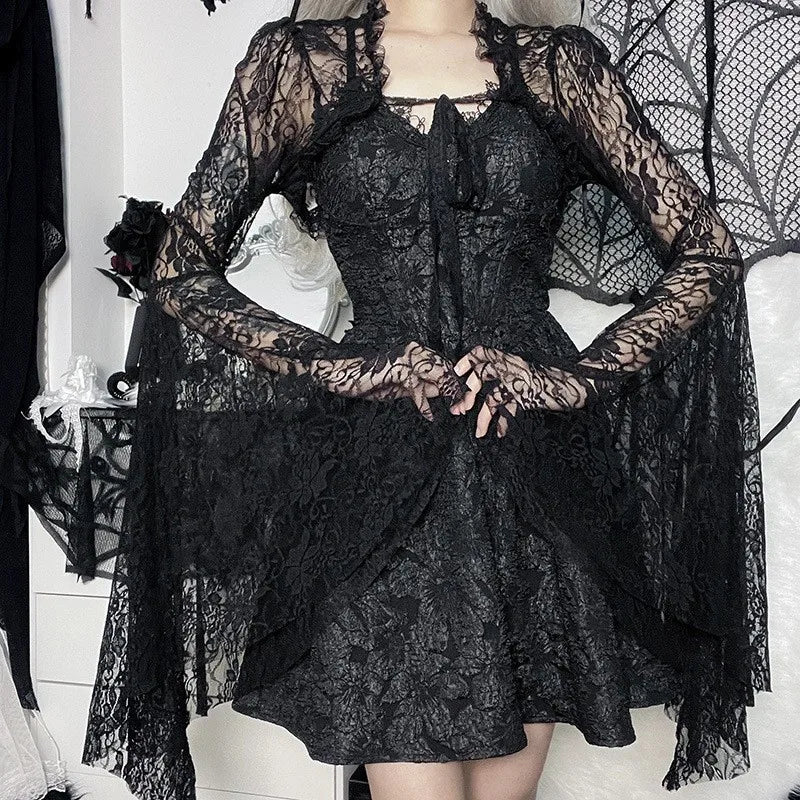 Dark Black Goth Top | Women’s Vintage Flared Sleeve Gothic T-Shirt Y2K Party Wear