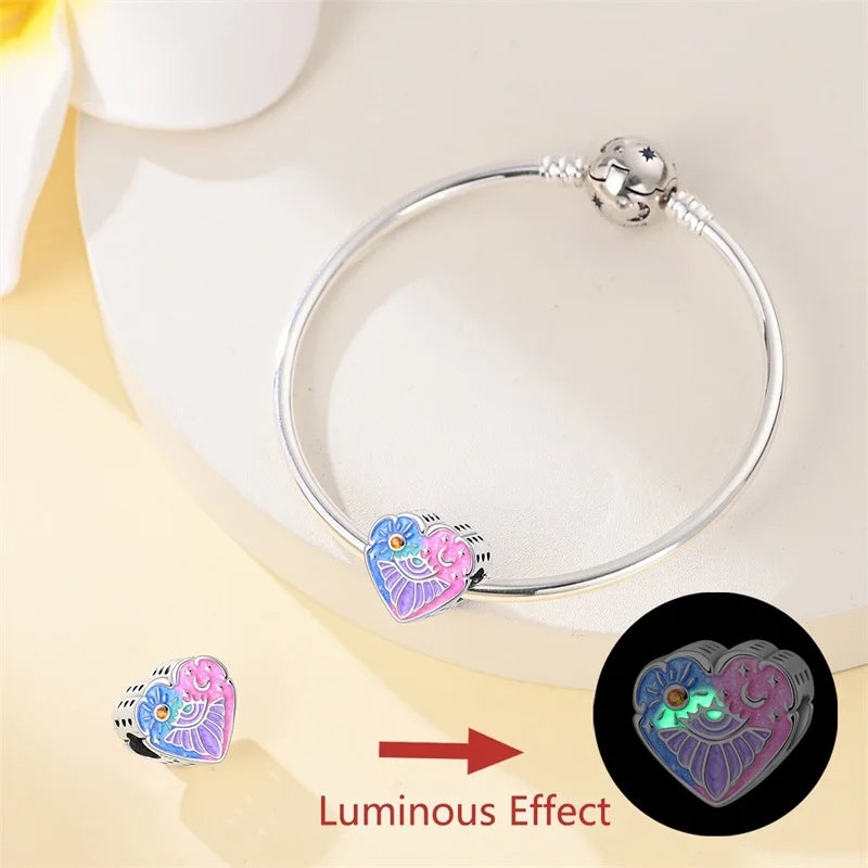 Original 925 Sterling Silver Luminous Lantern & Magic Cat Charm Bead | Glowing Angel Jungle Pendant for Bracelet Jewelry