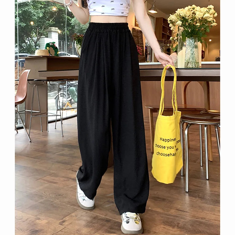 Summer Women Colorful Ice Silk Pants | High Waisted Wide Leg Trousers | Baggy Straight Leg Casual Pants