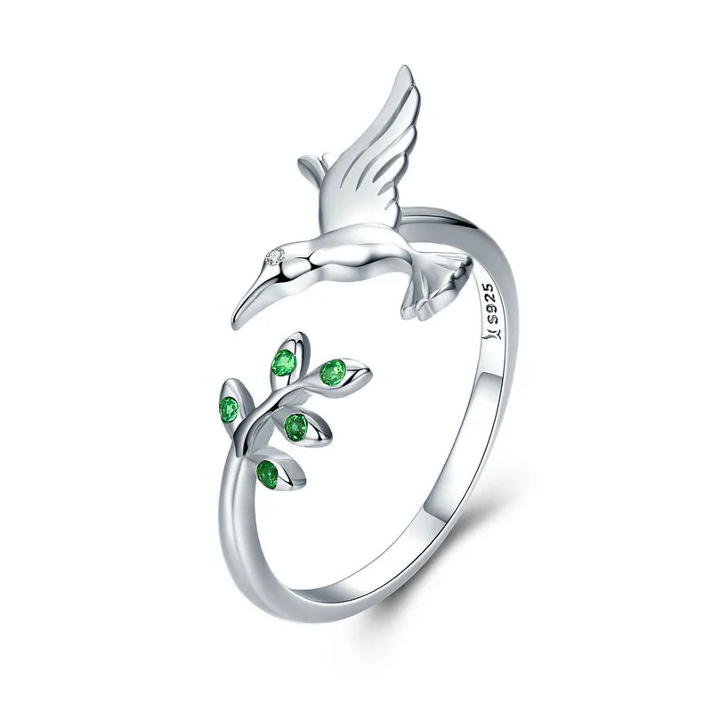 BISAER 925 Sterling Silver Floral Bird Open Ring | Adjustable White Gold Plated Flower Band for Women – Fine Party Jewelry