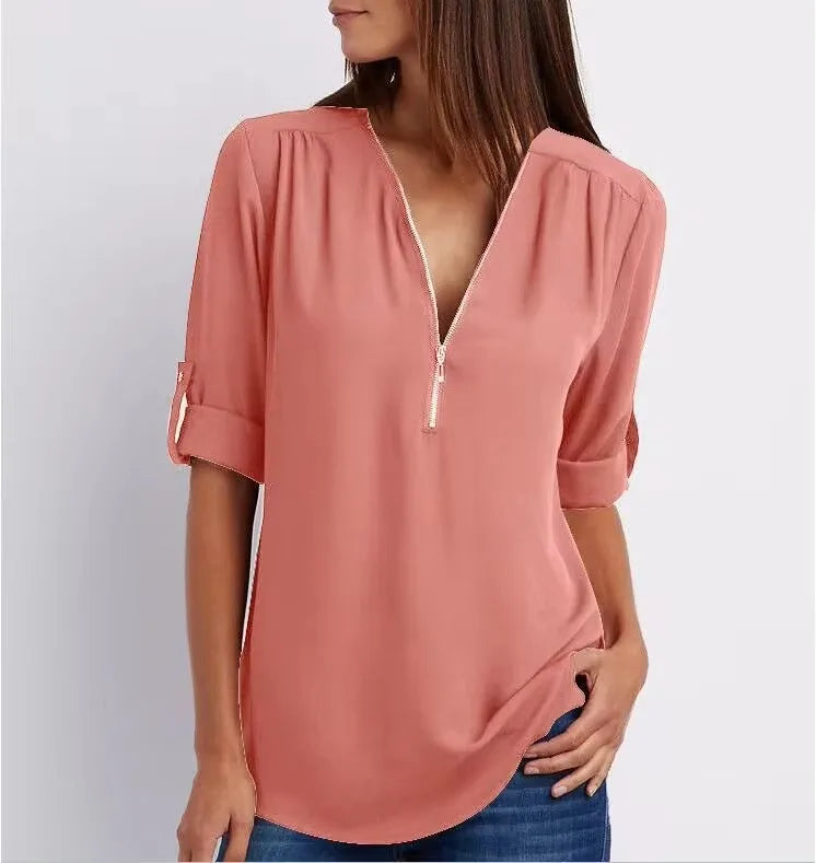 2025 Women’s Chiffon Blouse | Sexy Deep V-Neck Zipper Pullover Loose Fashion Top Plus Size