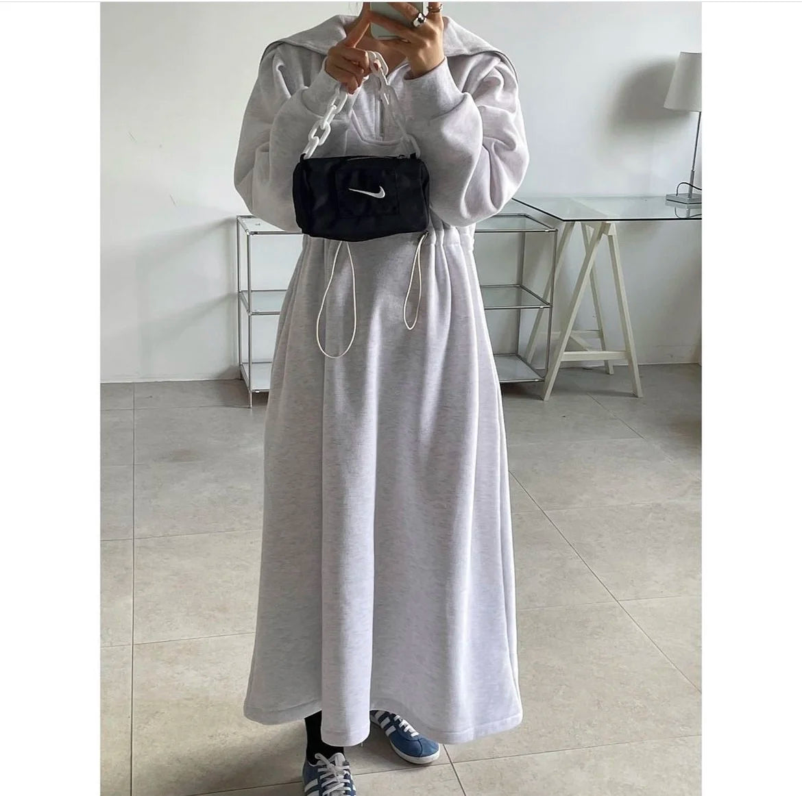 Chic Autumn Long Sve Dstring Waist Slim A-Line Dr Hoodie Women's Faionable Youthful f Open Collar Dr