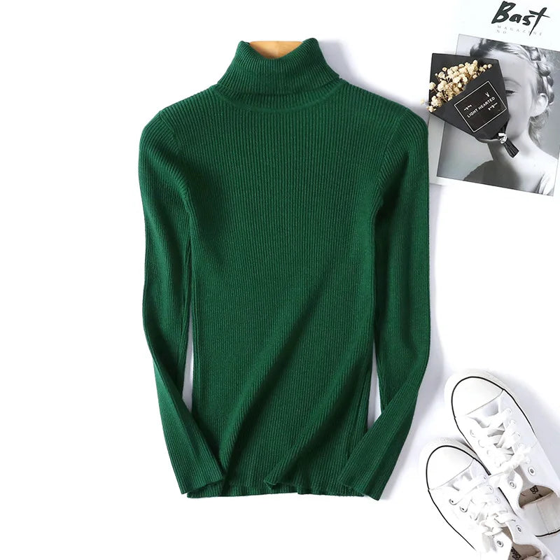 Women’s Knitted Turtleneck Sweater | Autumn Winter Slim Fit Ribbed Polo-Neck Jumper Pullover