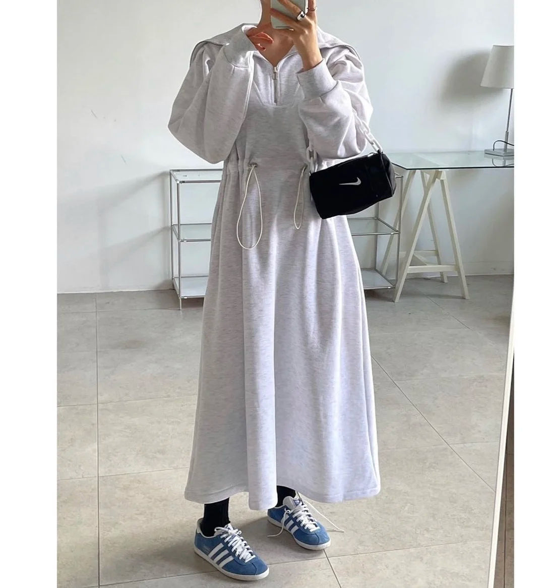 Chic Autumn Long Sve Dstring Waist Slim A-Line Dr Hoodie Women's Faionable Youthful f Open Collar Dr