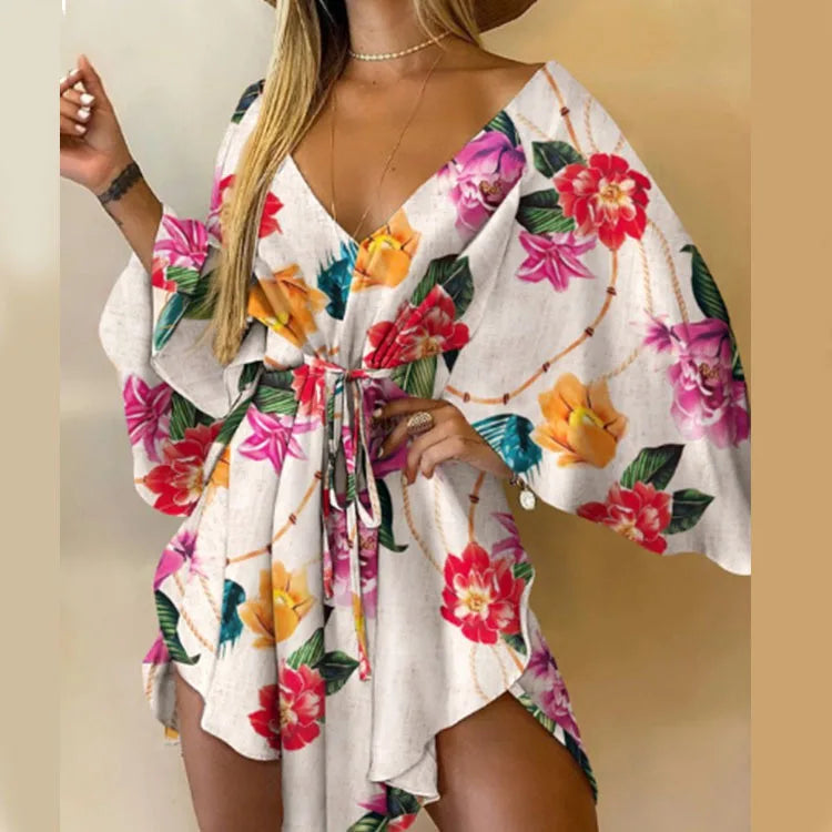 Women’s Floral Print V-Neck Bat Sleeve Dress – Sexy Bohemian Loose Mini Sundress