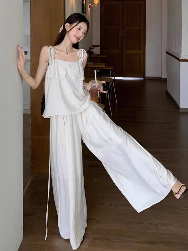 Casual Loose Women’s Two-Piece Set – White Lace Trim Strap Top & High Waist Wide-Leg Pants Summer Fashion Outfit