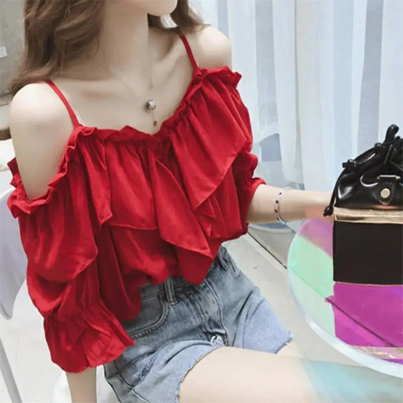 Women’s Ruffle Youth Elegant Chiffon Blouse – Low Cut Summer Fashion Top 👚☀️