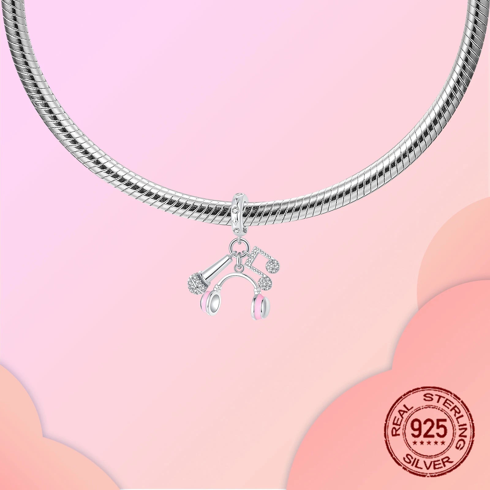 925 Sterling Silver Pink Earphones & Microphone Music Note Pendant Charm – Women’s DIY Bracelet Jewelry Gift