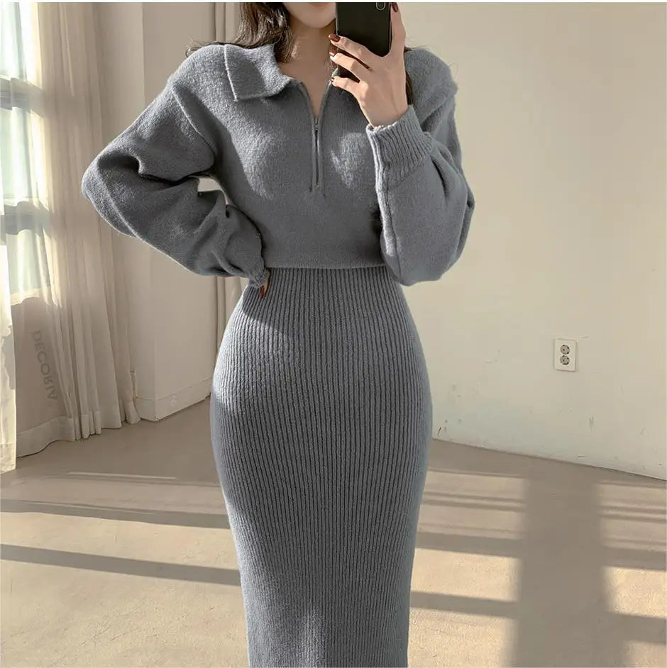Elegant Neck Knitted Bodycon Dress for Women – Soft Autumn Winter Long Sleeve Casual Comfortable Fashion Dress