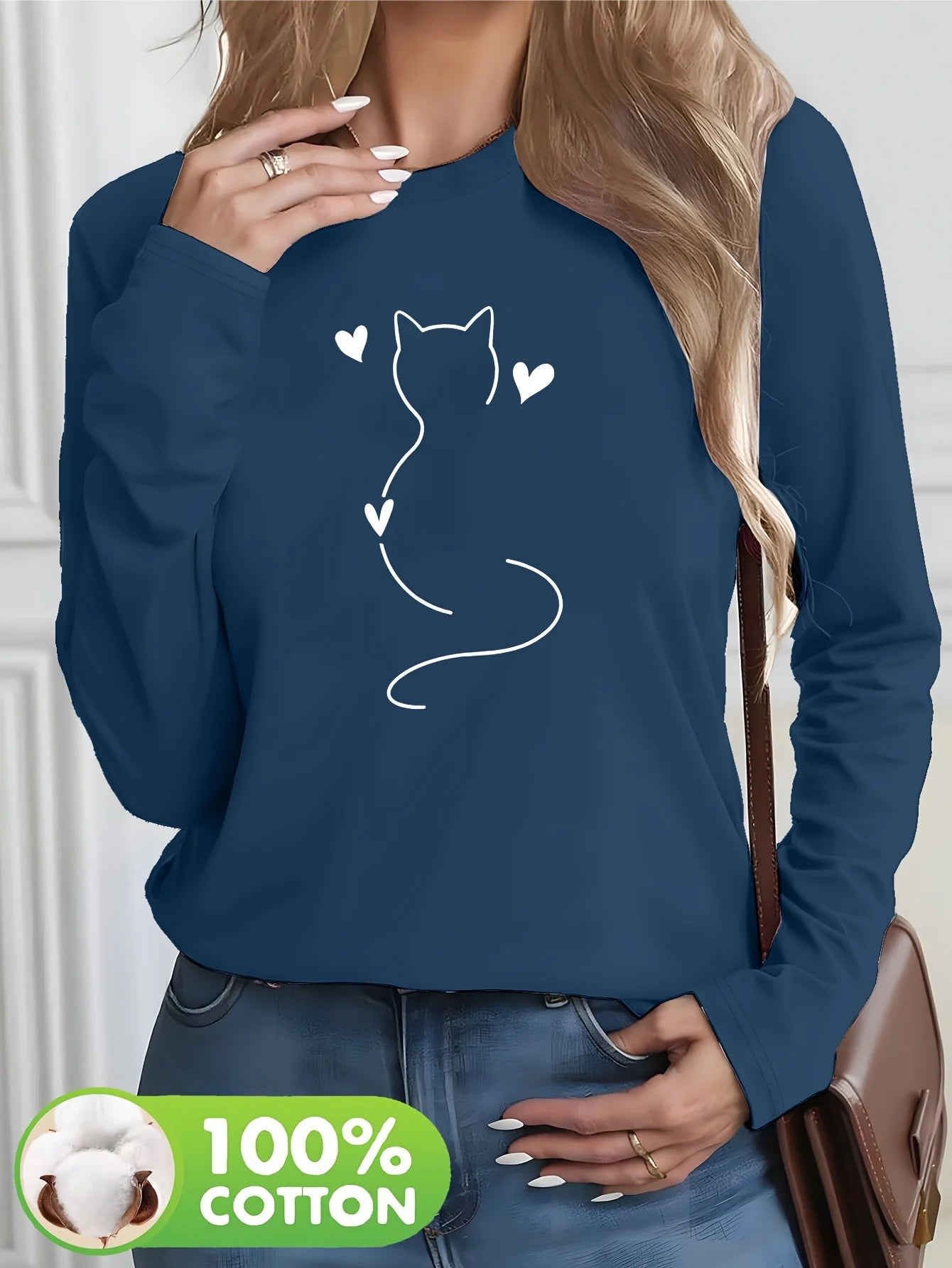 Women’s Cat & Hearts Long Sleeve T-Shirt 🐱 Casual Cotton Top All-Season ✨