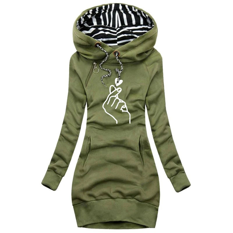 Trending Printed Autumn Winter Women’s Slim Fit Hoodie Dress – Long Sleeve Sweater Hoodie Dress for Casual Fashion