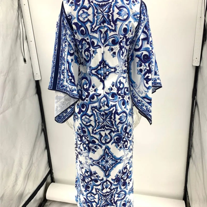 New Spring O-Neck Long Sleeve Maxi Dress for Women | Elegant Loose Commuting Dress | Blue & White Porcelain Print with Side Split