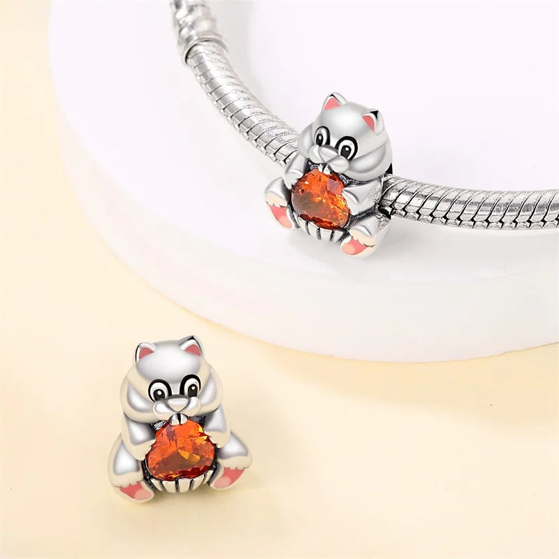 925 Sterling Silver Squirrel & Maple Leaf Charm | Shiny Zircon Autumn Beads Fit Pandora Bracelet DIY Jewelry