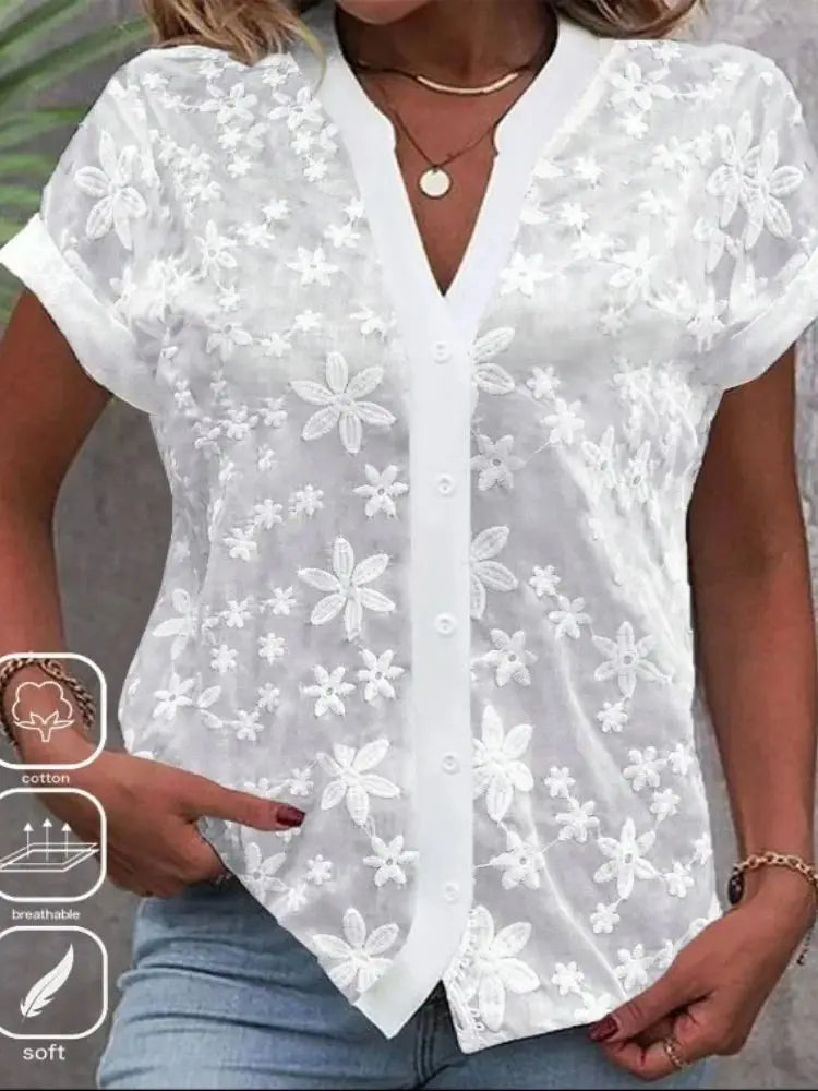 Women’s Cropped White Lace Blouse – Eyelet Cut Embroidery Hollow Out Summer Top 👚☀️