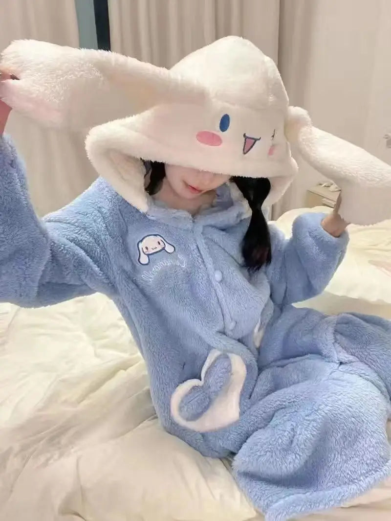 Kawaii Sanrio Hello Kitty Velvet Pajamas Set | Cute Cartoon Nightgown & Bathrobe | Girls & Couples Soft Home Wear