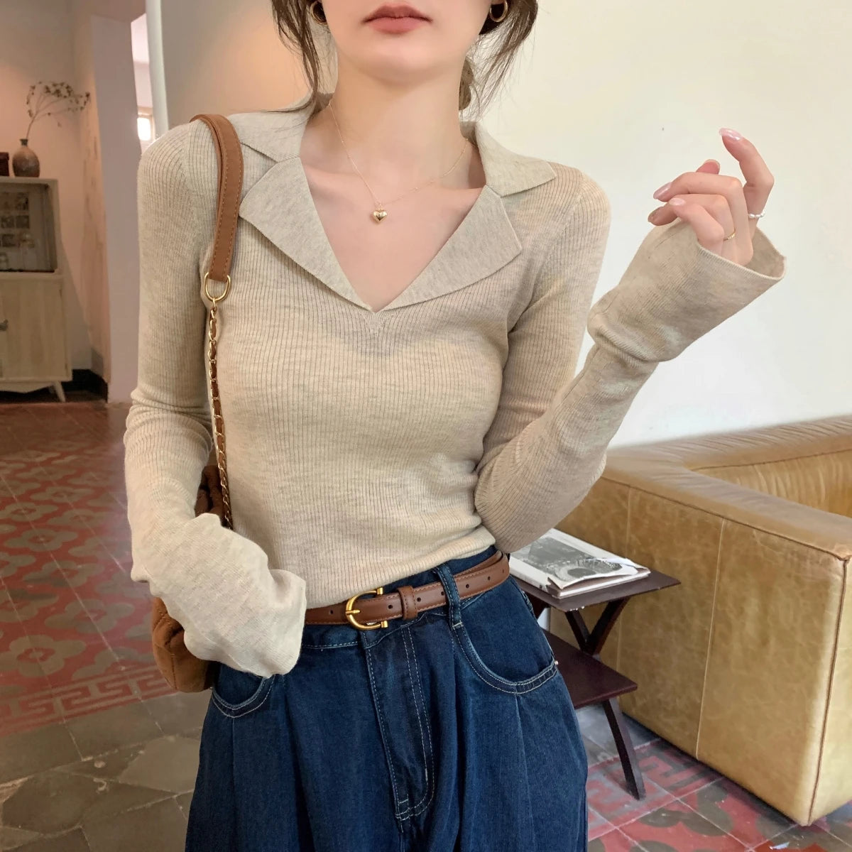French Style Knitted Long Sleeve V-Neck Collar Sweater – Women’s Winter Base Layer Top | Stretchy Fit for Young Women
