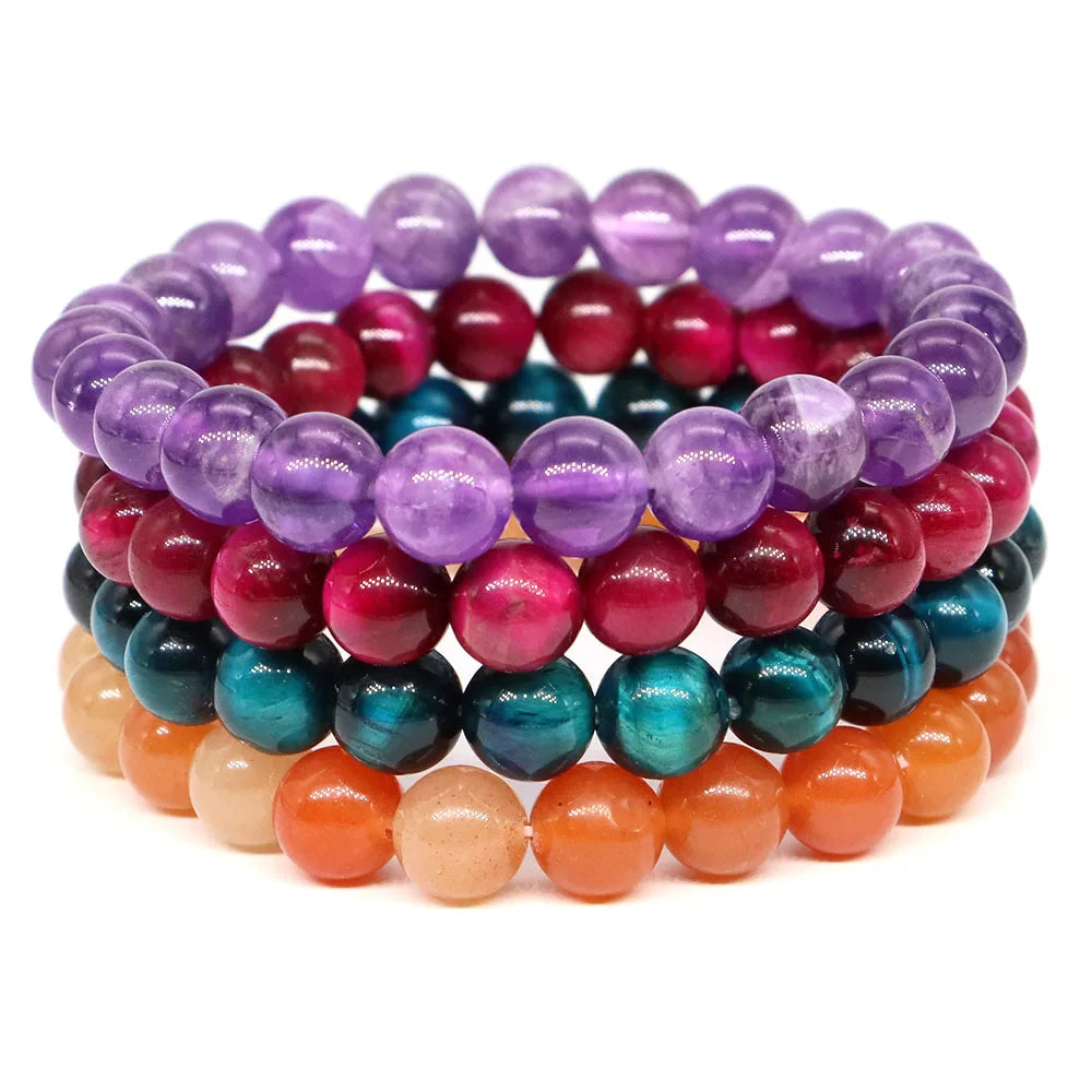 Natural Stone Healing Crystal Bracelet | Amethyst, Quartz & Agate Round Beads Elastic Stretch Bangle for Women & Men