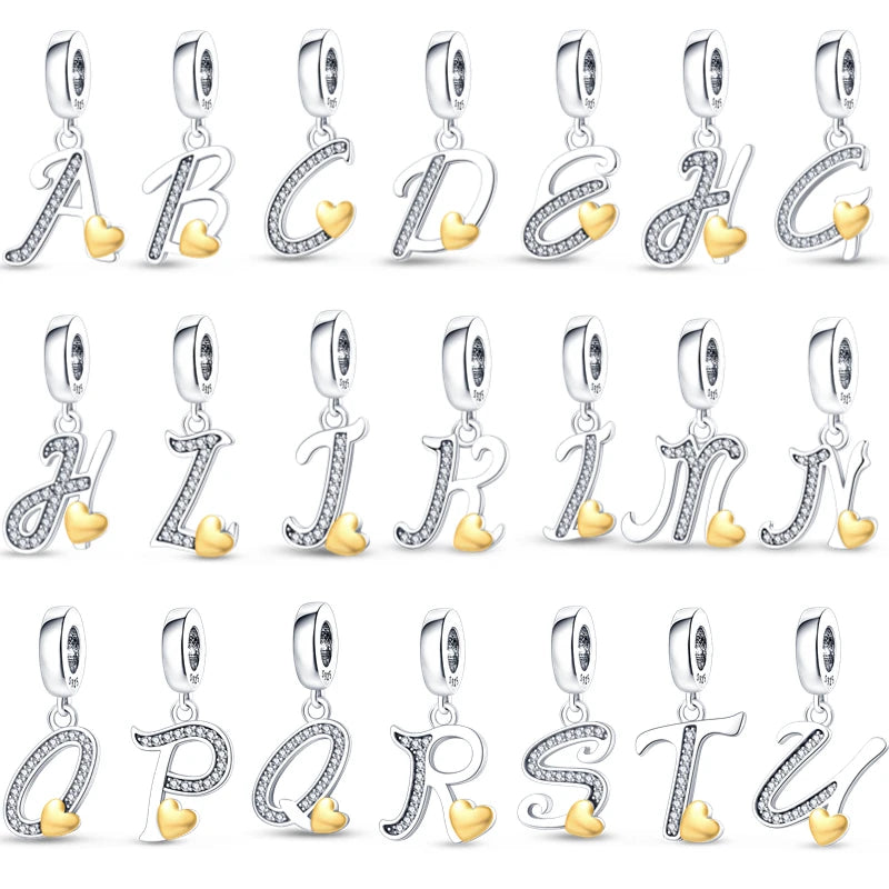 925 Sterling Silver A–Z Alphabet Letter Charms | Gold Heart Beads Fit Original Pan Bracelet | DIY Jewelry Accessories