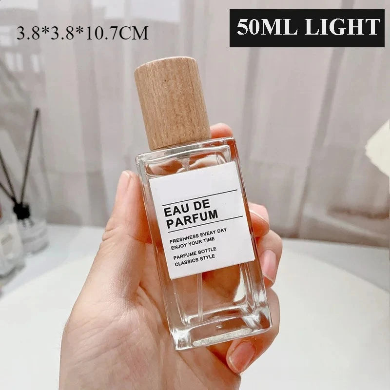 30ml / 50ml Refillable Perfume Bottle – Empty Glass Flat Square Spray Container | Portable Travel Cosmetic Bottle with Wooden Lid
