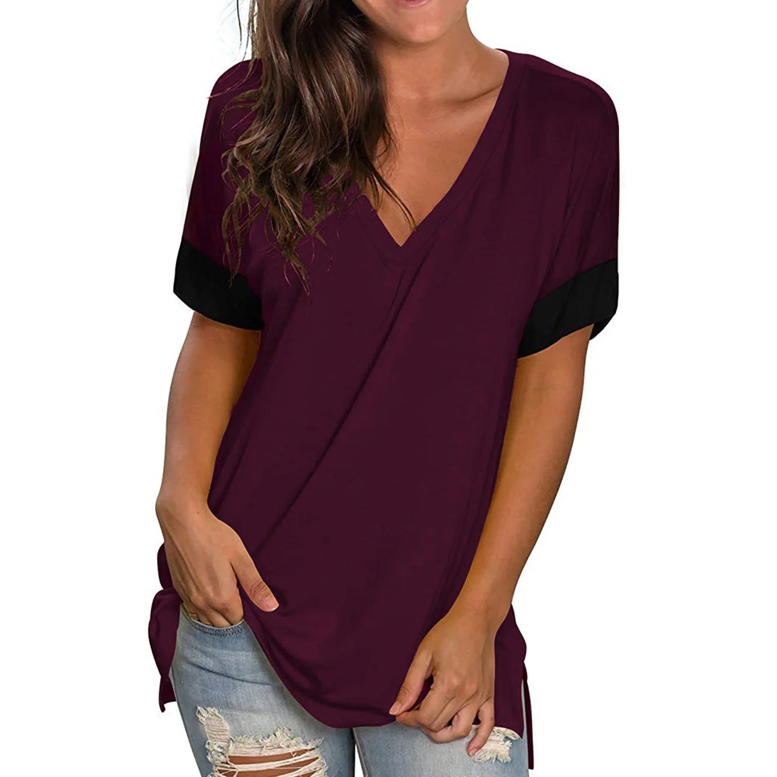 2024 Spring Summer Women’s Solid Color V-Neck Short Sleeve Base Shirt | Casual Lightweight Stitching Top