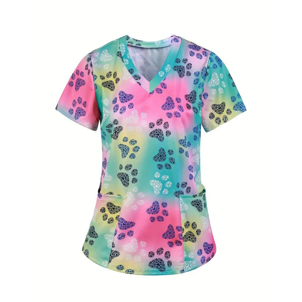 Women’s Medical Scrub Top – Cute Cartoon Print V-Neck Short Sleeve Nurse Dental Uniform 🩺🎀