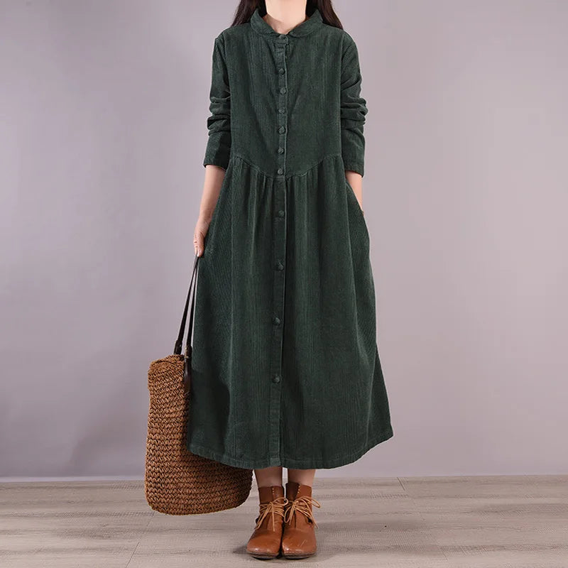 Retro Japanese Style Long Sleeve Corduroy Dress – Thick Fleece-Lined A-Line Winter Dress for Women | Solid Color