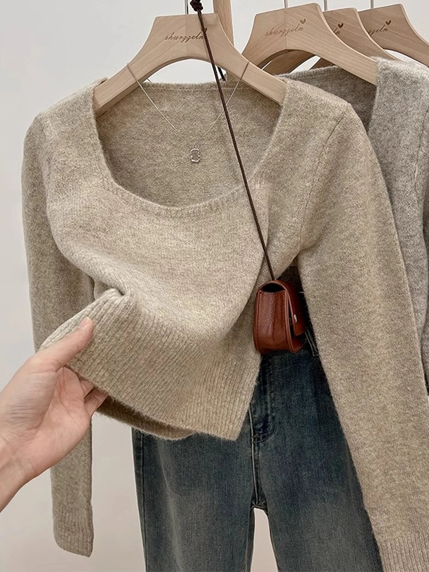 ✨ Soft Short Knitted Sweater Top for Women 🍁 Square Collar Slim Fit | Autumn Winter Inner Base Shirt 👚