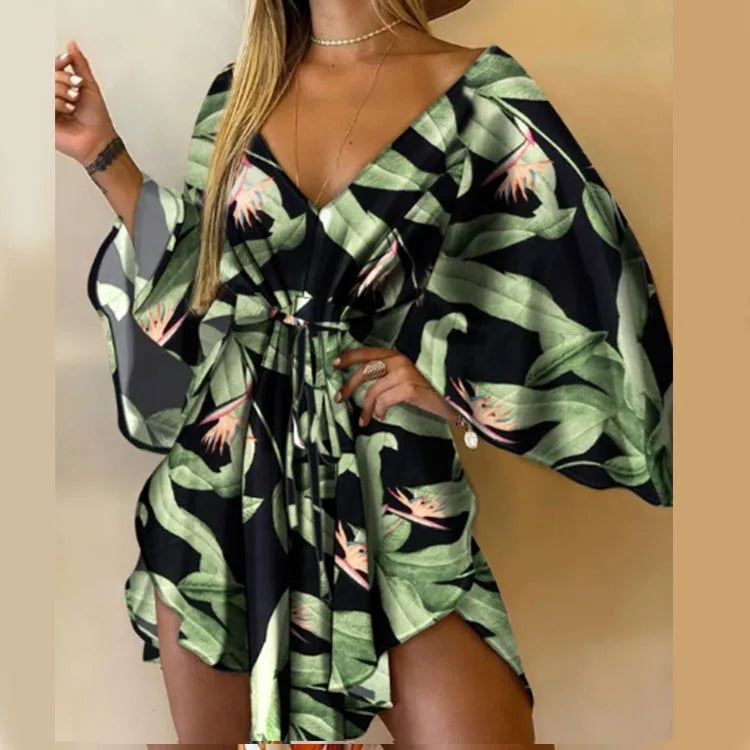 Women’s Floral Print V-Neck Bat Sleeve Dress – Sexy Bohemian Loose Mini Sundress