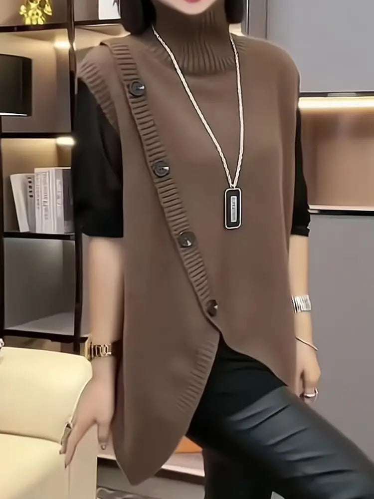 Women’s Sleeveless Long Sweater Vest | Vintage Irregular Spliced Button Knitwear | Elegant Turtleneck Loose Pullover