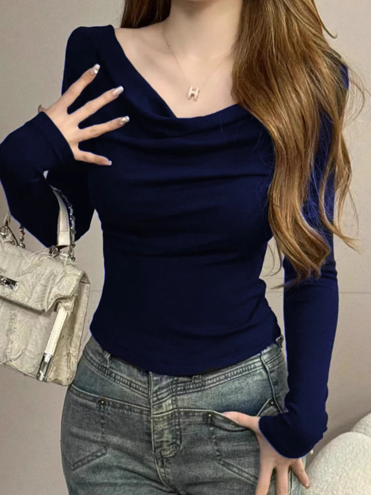 Spicy Girl One-Shoulder Long Sleeve T-Shirt for Women – Slim Fit Knitted Cotton Inner & Outer Wear Top | INS Youth Commute Style