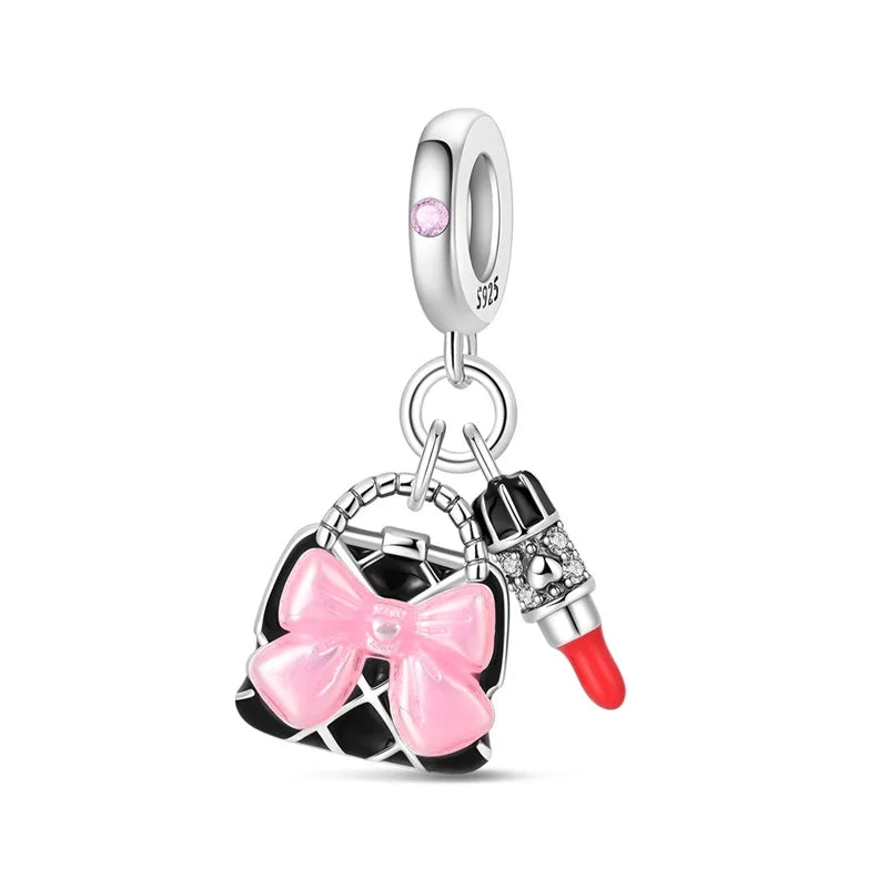 Romantic Pink Flowers 925 Sterling Silver Charms | Bag Lipstick Heart Bow Rose Bead Fit Original Bracelet DIY Jewelry Gift