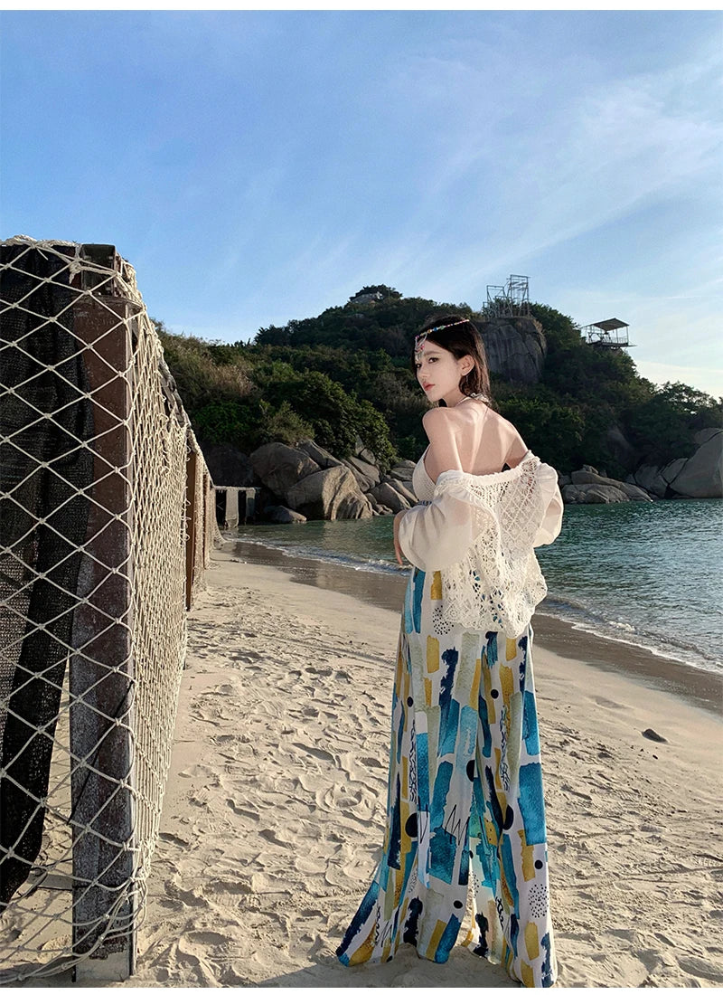 Vacation Style High Waist Wide Leg Pants – Thin Long Ethnic Print Pants for Beach & Holiday Wear