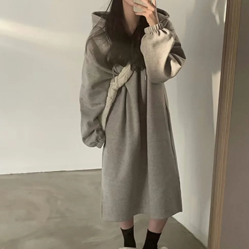 Chic Winter College Long Hoodie Dress ❄️ Lazy Fleece A-Line Side Slit Dress 👗 Pure Color Polyester Fiber 🧵