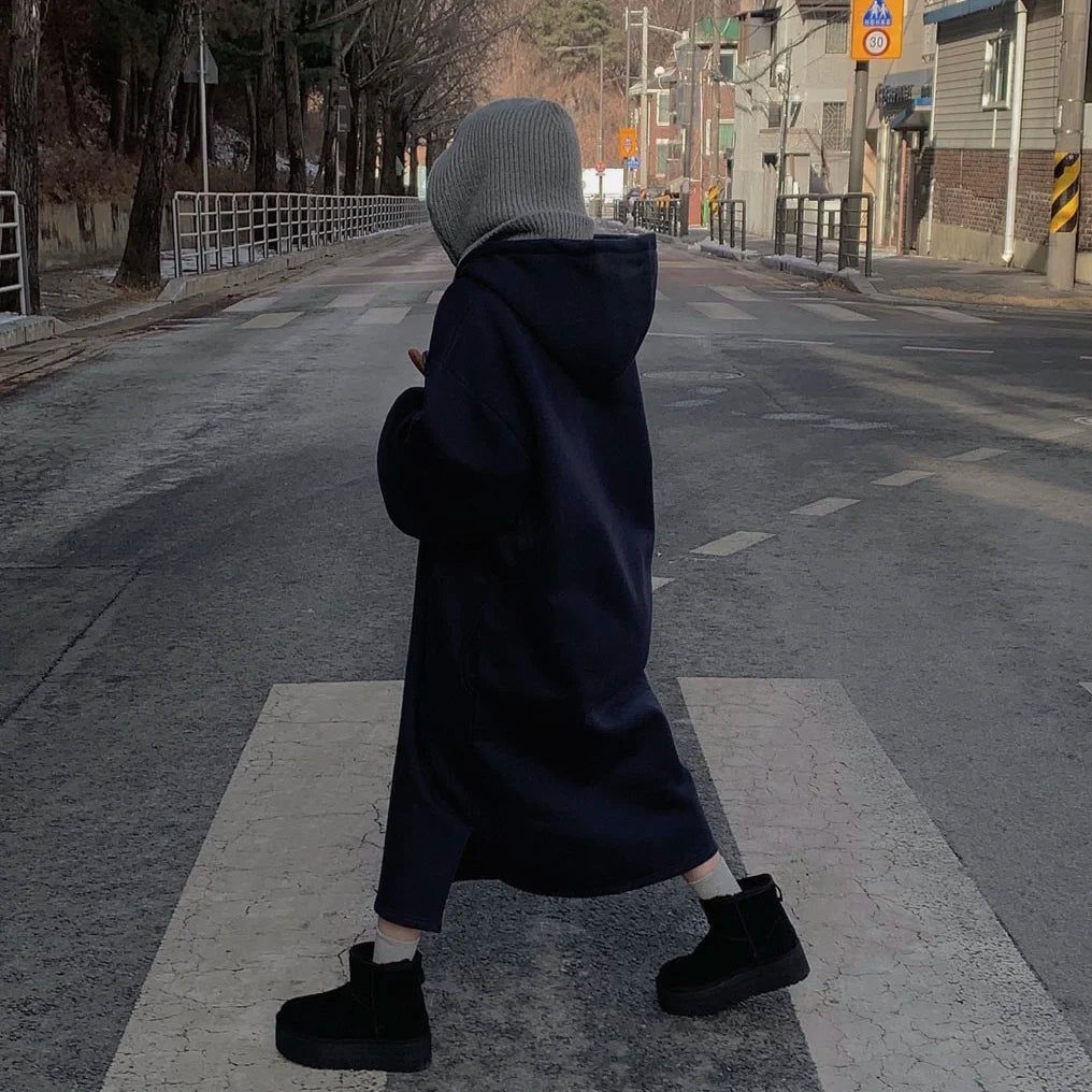Chic Winter College Long Hoodie Dress ❄️ Lazy Fleece A-Line Side Slit Dress 👗 Pure Color Polyester Fiber 🧵