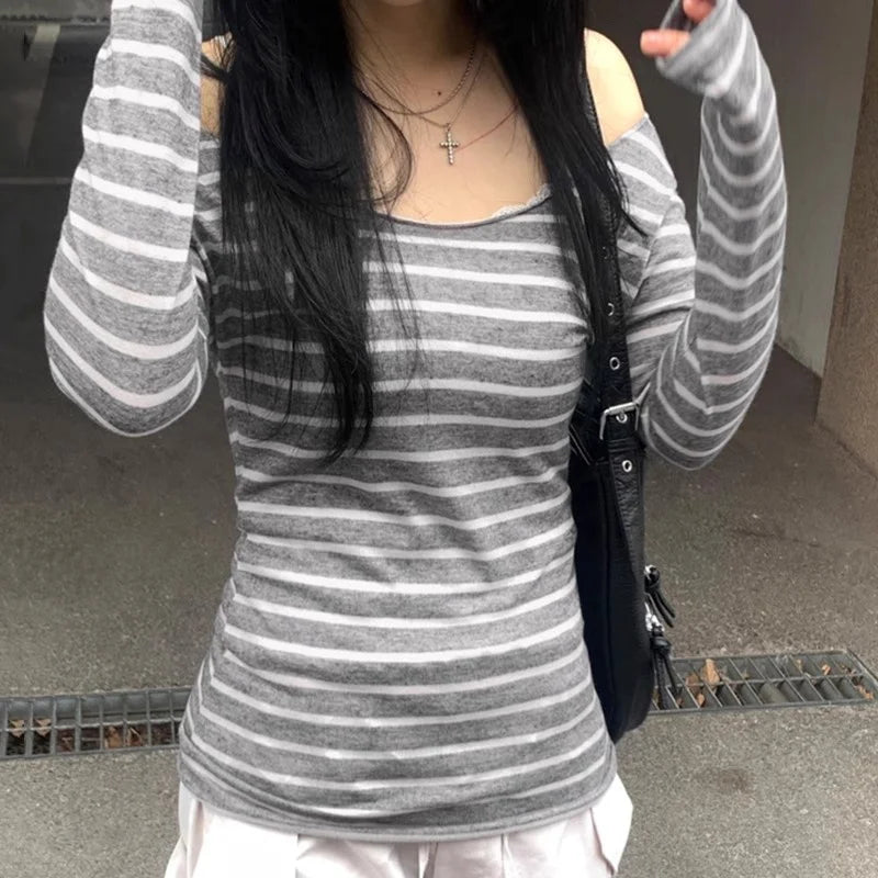 Y2K Grunge Emo Vintage Striped Off Shoulder Long Sleeve Top for Women – Black Grey Retro Goth Tee