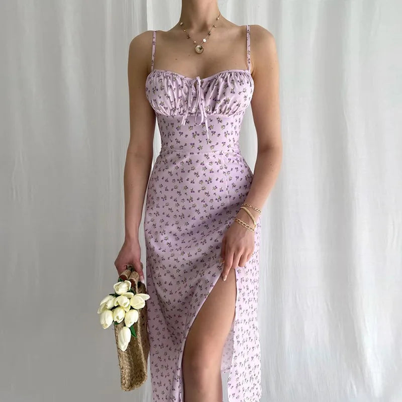 Women’s Bandage Pleated Floral Dress – Summer Elegant Party Sleeveless Backless Spaghetti Strap Aesthetic Dress