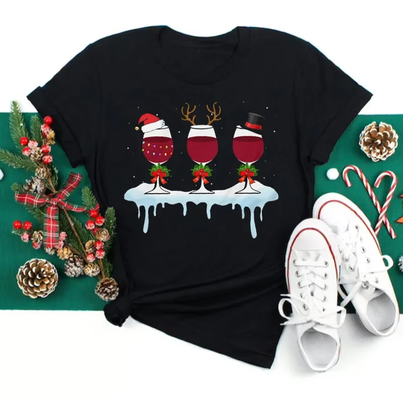 Women’s Christmas Wine Glass T-Shirt | Funny Holiday Black Tee Xmas Gift Top 2025