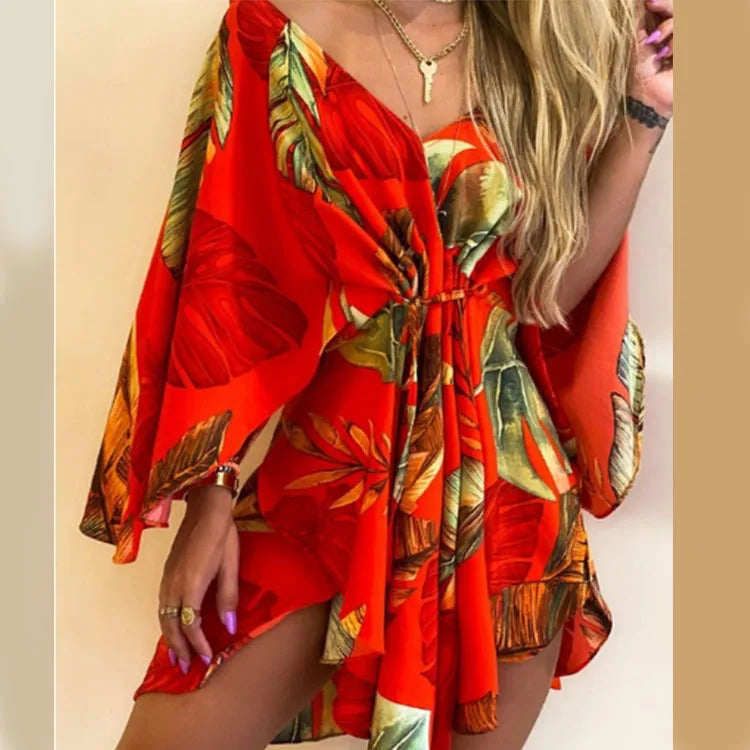 Women’s Floral Print V-Neck Bat Sleeve Dress – Sexy Bohemian Loose Mini Sundress