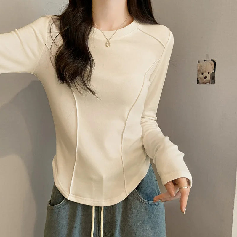 Women's Long Sleeve Velvet Base Shirt 👚 Slim Fit Round Neck T-Shirt ✨ Pure Color Winter Fashionable Top ❄️