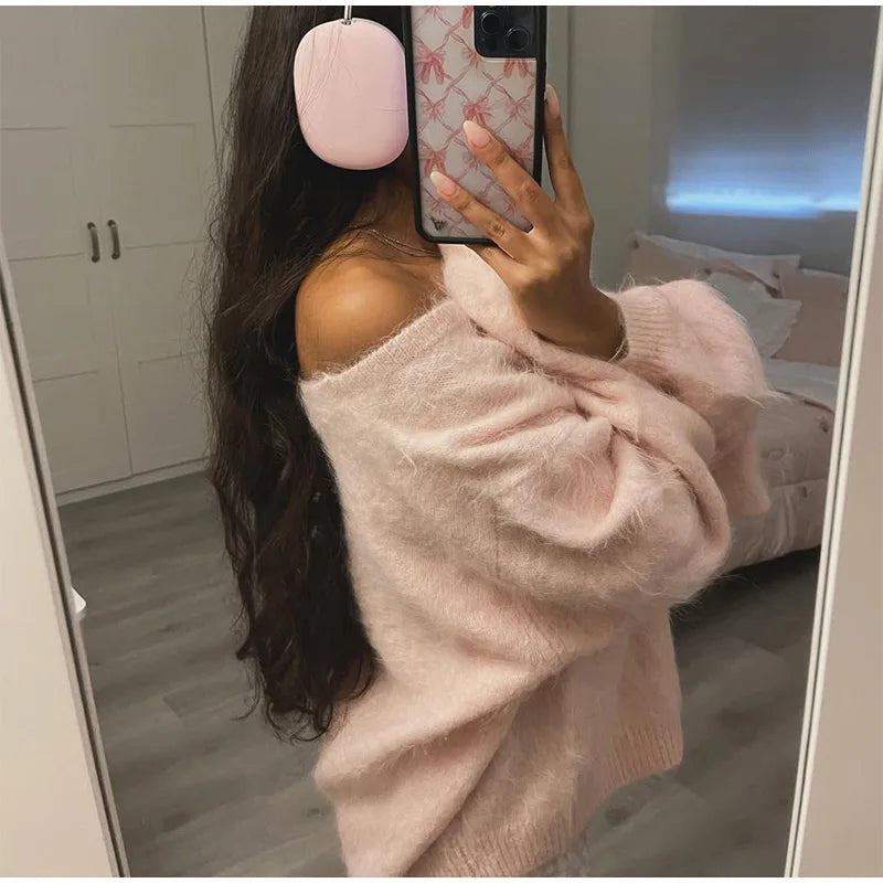 Women’s Off-Shoulder Mohair Sweater | Elegant Loose Knit Pullover for Autumn Fashion 2025