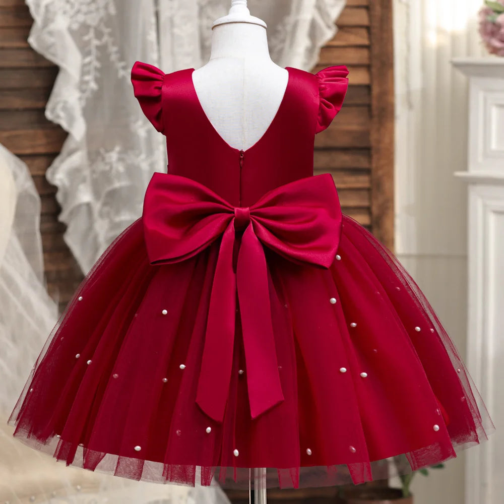 Hello Kitty Girls Pearls Dress – Elegant Princess Wedding Gown, Tulle Birthday Party Dress for Children 3-7Y
